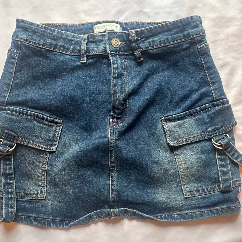 Blue Denim Mini Skirt with Cargo Style